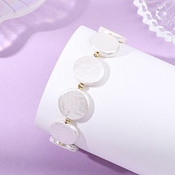 Плоский Круглый Браслеты из перламутра и латунных бусин для женщин, плоско-круглые, 7.56 дюйм (19.2 см), бусины : 15~15.5 мм