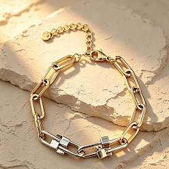 Golden & Stainless Steel Color Dou Tone 304 Stainless Steel Paperclip Chain Bracelets, Golden & Stainless Steel Color, 6.89 inch(17.5cm)
