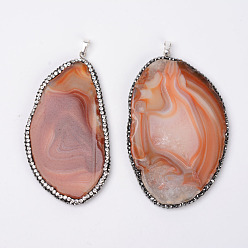 Оранжевый Самородки естественный агата большие подвески, с платиновым покрытием выводов из латуни и стразы, окрашенные, оранжевые, 50~95x25~60x4~8 мм, отверстие : 2 мм