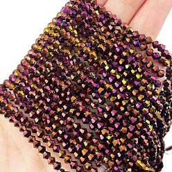 С Фиолетовым Покрытием Прозрачные стеклянные бусины гальваническим пряди, полное покрытие, граненые, двухконусные, с фиолетовым покрытием, 3.5~3.8x3 мм, отверстие : 0.8 мм, около 107~110 шт / нитка, 32.5~34 см