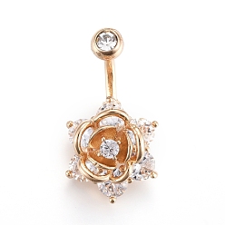 Golden Piercing-Schmuck, kubischer Zirkiona-Nabelring aus Messing, Bauchringe, mit 304 Edelstahlleiste, Rose, golden, 27x14 mm, Stange: 15 Spurweite(1.5mm), Stangenlänge: 3/8"(10mm)