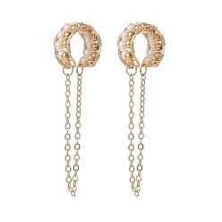 Golden Shell Pearl Beaded Cuff Earrings, Brass Chain Tassel Wire Wrap Chunky Earrings for Women, Golden, 55mm