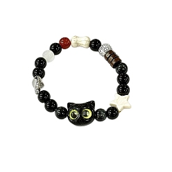 Кокосово-Коричневый Браслеты из дерева и стеклянных бусин, эластичные браслеты из смолы в форме кошки для мужчин и женщин, кокосового коричневый, внутренний диаметр: 2-3/8 дюйм (6 см)