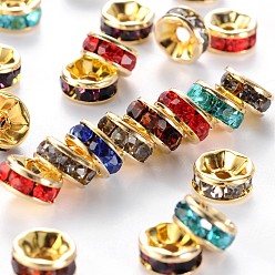 Mixed Color Brass Grade A Rhinestone Spacer Beads, Golden Plated, Rondelle, Nickel Free, Mixed Color, 7x3.2mm, Hole: 1.2mm