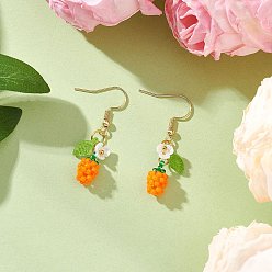 Оранжевый Серьги-подвески в форме яблок из стеклянного бисера ручной работы, с акриловым листом и цветком из смолы и 304 крючками для сережек из нержавеющей стали, золотые, оранжевые, 40x7.5 мм