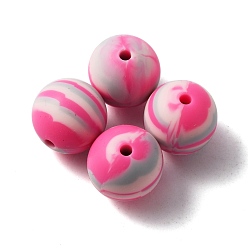 Deep Pink Silicone Beads, Round with Stripe Pattern, Deep Pink, 15x15mm, Hole: 2mm