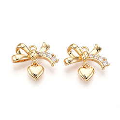 Настоящее золото 18K Латунные микро проложить кубического циркония прелести, бантом и сердца, реальный 18 k позолоченный, 14x16.5x4 мм, отверстие : 1.5 мм