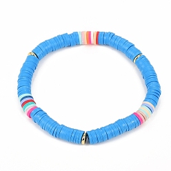 Dodger Blue (Jewelry Parties Factory Sale)Handmade Polymer Clay Heishi Beads Stretch Bracelets, with Brass Spacer Beads, Dodger Blue, Inner Diameter: 2-1/2 inch(6.3cm)