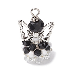 Черный Стеклянные подвески, угол, с бусинами-крылышками из сплава и железной петлей, граненые, чёрные, 29x18x16 мм, отверстие : 3 мм