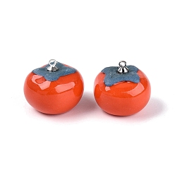 Orange Red Handmade Porcelain Pendants, Persimmon Charms, with Brass Loops, Platinum, Orange Red, 18.5~20x19.5~21.5mm, Hole: 1.6mm
