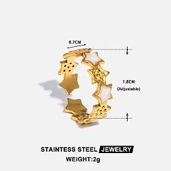 White 304 Stainless Steel Open Cuff Rings for Women, Star, with Enamel, Golden, White, 18mm