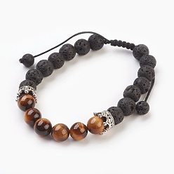 Tiger Eye Natural Lava Rock & Tiger Eye Braided Bead Bracelets, with Nylon Thread and Tibetan Style Alloy Crown Beads, 2-1/8 inch(5.5cm)~3-1/8 inch(8cm)