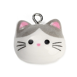 Gray Printed Opaque Resin Pendants, Cat Charm, with Platinum Iron Loop, Gray, 18.5x18.5x10.5mm, Hole: 2mm