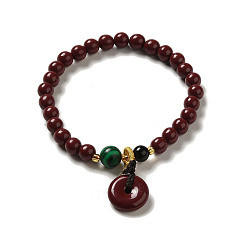 Ring 6mm Round Cinnabar Mala Stretch Bracelets, with Synthetic Malachite and Natural Agate, Ring, Inner Diameter: 2 inch(4.95~5.1cm)