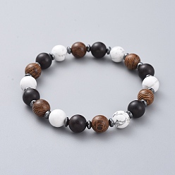 Howlite Natur howlite Stretch-Armbänder, mit nichtmagnetischen synthetischen Hämatitperlen und Holzperlen, Rund & abacus, 2 Zoll (5.2 cm)