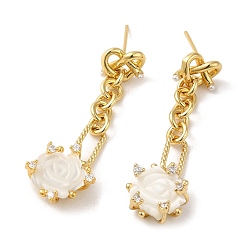 Real 18K Gold Plated Natural Shell Flower Dangle Stud Earrings, Rack Plating Brass Drop Earrings, Lead Free & Cadmium Free, Real 18K Gold Plated, 44x13mm