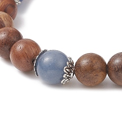 Mixed Color Natural Blue Aventurine & Wood Round Beaded Stretch Bracelet for Women, Mixed Color, Inner Diameter: 2-1/8 inch(5.3cm)
