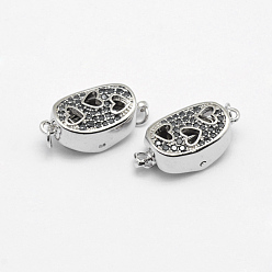 Black Brass Box Clasps, with Cubic Zirconia, Cadmium Free & Nickel Free & Lead Free, Real Platinum Plated, Oval and Heart, Hollow, Black, 18x8.5~9x7mm, Hole: 2mm