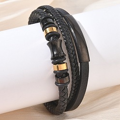 Black Braided Microfiber Leather Cord & Natural Tiger Eye Multi-strand Bracelets, 304 Stainless Steel Bracelets for Women Men for Men, with Magnetic Clasps, Black, 8.78 inch(22.3cm)