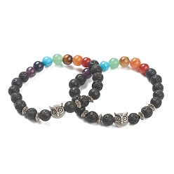 Лавовый камень Чакра ювелирные изделия, круглые браслеты из натурального вулканического камня и драгоценных камней из бисера, с бусинами из сова, античное серебро, внутренний диаметр: 2-3/8 дюйм (6 см)