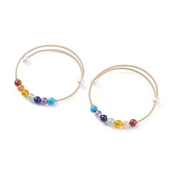 Mixed Stone 7 Chakra Mixed Gemstone Round Beaded Bangle with Shell Pearl, Steel Memory Wire Wrapped Torque Bangles for Women, Golden, Inner Diameter: 2-1/8 inch(5.5cm)