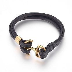 Golden Leather Cord Multi-strand Bracelets, with 304 Stainless Steel Clasps, Anchor, Golden, 8-5/8 inch(22cm), 8mm