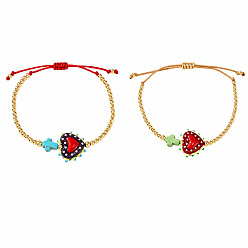 Mixed Color 2Pcs 2 Colors Dyed Synthetic Turquoise Cross and Glass Heart Braided Bead Bracelets for Women, Adjustable Stackable Bracelets with Round Brass Beads, Golden, Mixed Color, 11.02 inch(28cm), 1pc/color