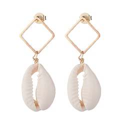 Seashell Color Rhombus with Natural Cowrie Shell Long Dangle Stud Earrings for Women, Golden, Seashell Color, 40mm, Pin: 0.5mm