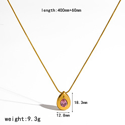 Pink 304 Stainless Steel Pave Cubic Zirconia Pendant Necklaces, Teardrop, Real 18K Gold Plated, Pink, 15.75 inch(40cm)