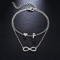 Letter P Браслеты на лодыжку из сплава с подвеской в виде сердца-бесконечности и инициалом, двухслойные, женские., платина, Письмо P, 7-1/2 дюйм (190 мм)