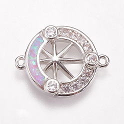 Lilac Brass Micro Pave Cubic Zirconia Links, with Synthetic Opal, Flat Round with Star, Platinum, Lilac, 13.5x17.5x2.5mm, Hole: 1mm