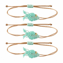 Aguamarina Conjunto de pulsera ajustable de eslabones de peces con cordón encerado trenzado y cuentas de latón para mujer., pulseras apilables ajustables, dorado, aguamarina, 11.02 pulgada (28 cm), 3 PC / sistema
