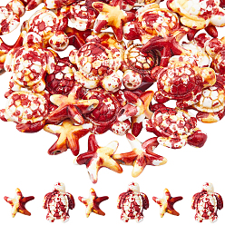 Оранжево-Красный 100шт. 2 стили синтетические бирюзовые окрашенные бусины нити, эффект впрыска топлива, морская звезда и морская черепаха, оранжево-красный, 13.5~18x14~15x5~7 мм, отверстие : 1.5~1.6 мм, 50 шт / стиль