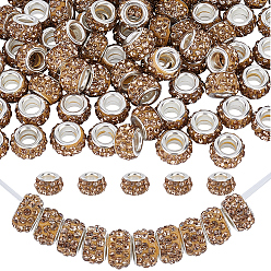 Lt.Col.Topaz Handmade Polymer Clay Rhinestone European Large Hole Beads with Silver Color Plated Brass Cores, Rondelle, Lt.Col.Topaz, 11~12x7~7.5mm, Hole: 5mm, 80pcs/set