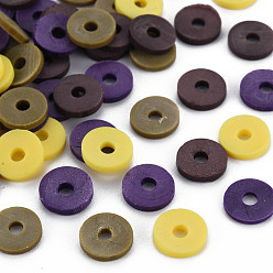Indigo 4 Colors Handmade Polymer Clay Beads, Heishi Beads, Disc/Flat Round, Champagne Yellow & Dark Slate Blue & Dark Khaki & Indigo, 8x0.5~1.5mm, Hole: 2mm, about 11500pcs/1000g