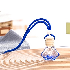 Синий 8мл многоугольный стеклянный флакон для духов освежитель воздуха диффузор флакон подвесной орнамент, с деревянной крышкой, для украшения зеркала заднего вида автомобиля, синие, 200 мм, емкость: 8 мл (0.27 жидких унций)