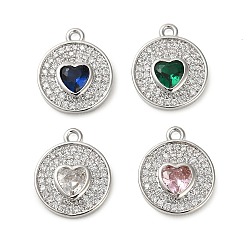 Платина Латунный кулон с микропаве из циркония, плоский круглый с сердечками, разноцветные, платина, 15.5x13x3 мм, отверстие : 1.5 мм