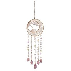 Doré  Attrape-soleil suspendus en agate naturelle et éclats de cristal naturel, arbre de vie, avec des perles de verre, un anneau en fer et du fil de laiton pour la décoration extérieure et de jardin, or, 475mm