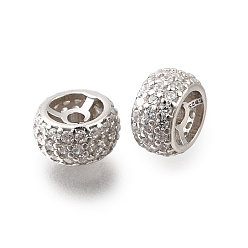 Платинированный 925 бусины из стерлингового серебра с микропаве, прозрачные бусины из кубического циркония, рондель, Реальная платина, 7.5x4 мм, отверстие : 1.2 мм