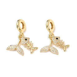 Настоящее золото 16K Подвески из прозрачного кубического циркония с микропаве в стиле «океанская латунь», морские животные рыбья кость рыбий хвост подвески с большим отверстием, реальный 16 k позолоченный, реальный 16 k позолоченный, 30 мм, отверстие : 5 мм, Кулон : 15~18x8~14x2 мм