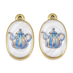 Otros Colgantes de acero inoxidable esmaltados impresos 304, encantos ovales, revestimiento de iones (ip), real 18 k chapado en oro, amuletos de tetera, 23x13.5x3.5 mm, agujero: 1.6 mm