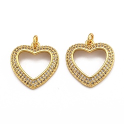 Real 18K Gold Plated Brass Micro Pave Clear Cubic Zirconia Pendants, Cadmium Free & Lead Free, Long-Lasting Plated, Heart, Real 18K Gold Plated, 20.5x19.5x3.5mm, Hole: 2.5mm, jump ring: 5x1mm