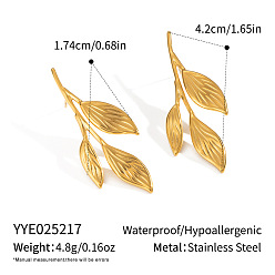 Настоящее золото 18K Серьги-гвоздики из нержавеющей стали в форме листа, реальный 18 k позолоченный, 42x17.4 мм