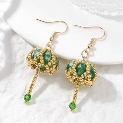 Зеленый Прозрачные серьги-подвески из гальванизированного стекла и бисера., цветок, с 304 нержавеющей стали серьги крючки, золотые, зелёные, 53x18 мм