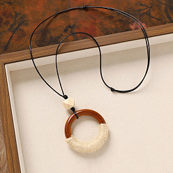 Ring Деревянная подвеска, черный вощеный шнур, длинные цепочки для женщин, кольцо, 31.50 дюйм (80 см), Кулон : 75x50 мм