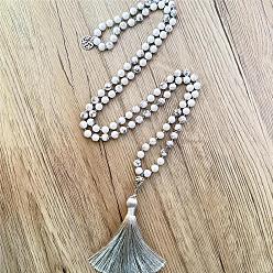 Говлит Натуральные молитвенные бусины-мала из хаулита, ожерелья с длинной кисточкой и металлическим деревом жизни, для йоги-медитации, платина, 40.16 дюйм (102 см)