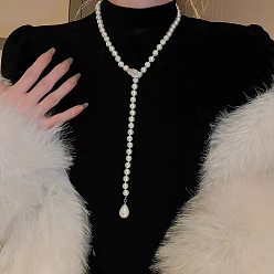 Белый Ожерелья из круглых бусин из сплава и стеклянного жемчуга для женщин, платина, белые, 25.20 дюйм (64 см)