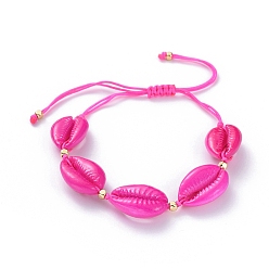 Magenta Adjustable Braided Bead Bracelets, with Spray Paint Cowrie Shell Beads, Golden Plated Brass Beads and Nylon Thread, Magenta, 3.5~9.6cm