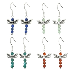 Mixed Stone 4 Pairs 4 Styles Natural Mixed Gemstone Fairy Dangle Earrings, Antique Silver Alloy Drop Earrings, 42x20mm, 1 Pair/style