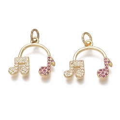 Настоящее золото 18K Кулоны из латуни с прозрачным микропейвом и фианитом среднего фиолетового цвета с красным фианитом, с целью перехода в кольце, долговечный, музыкальная нота, реальный 18 k позолоченный, 15.5x17x2 мм, отверстие : 3 мм
